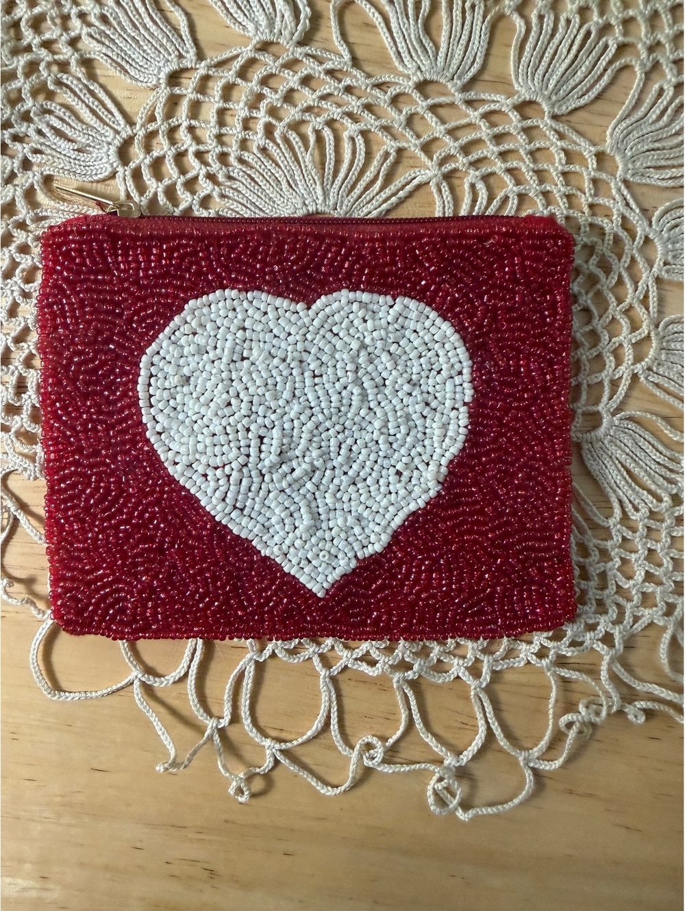 Red Beaded Heart Pouch Wallet with Zipper